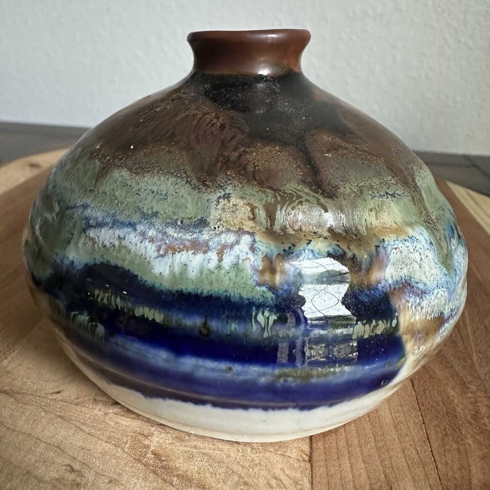 Kravec Studios Pottery Bud Vase 3.25 Inch Blue Earthtones Drip Glaze Signed KS